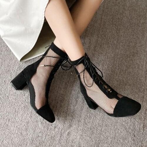 COOLULU 2020 Cut Out Summer Booties Women New Fashion Square High Heel Lace Up Booties All Match Women Shoes Size 33-43