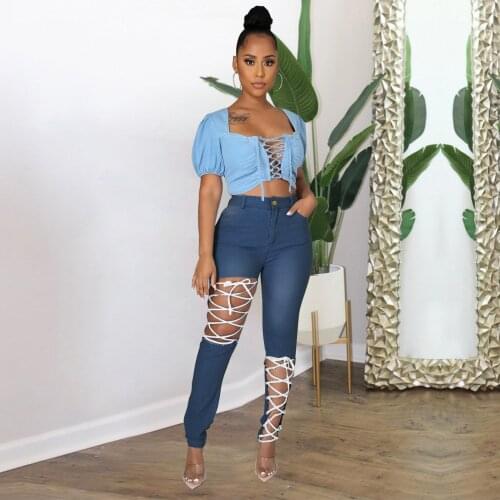 Echoine Plus Size Hight Waist Denim Pants Lace Up Bandage Jeans for Women