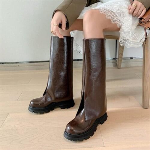 PXELENA Brand New Punk Style Women Split Leather Mid Calf Boots Chunky Platform Slip On Knight Riding Western Cowboy Street Shoe