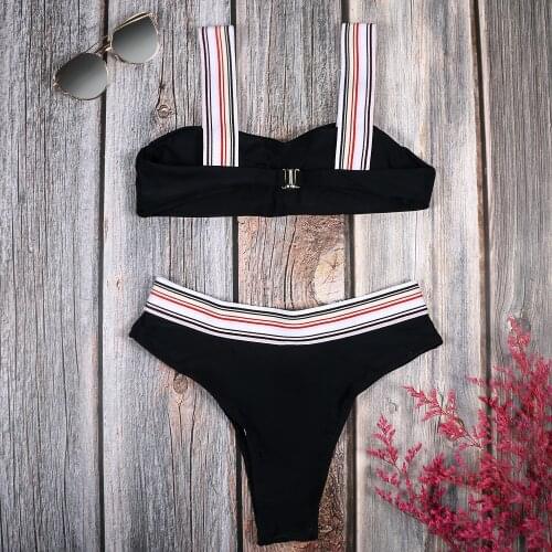 2020 New 2pcs Swimwear Women Swimsuit Beach Bathing Suits Solid Color Low Waist Striped Padded Bandage Swimsuit biquini