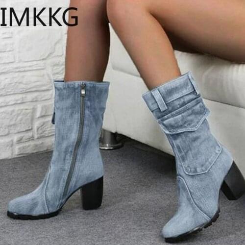 2020 Sexy Jean Boots Womens Ankle Short Boot Winter high Heel Denim Boot Lady Stylish Jeans Boots Zipper Shoes Cowboy