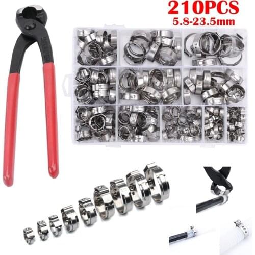 210pcs Single Ear Stepless Hose Clamps 5.8-23.5mm 304 Stainless Steel Hose Clamps Cinch Clamp Rings for Sealing Kinds of Hose