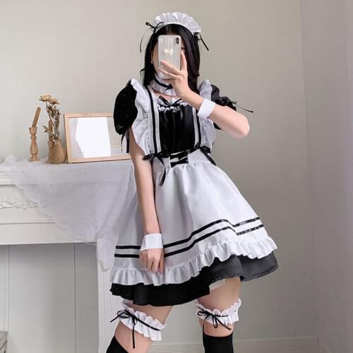 6pcs/set Women Maid Outfit Lolita Dress Cute Anime Black White Apron Cosplay Maid Dress Men Uniform Cafe Costume Mucama