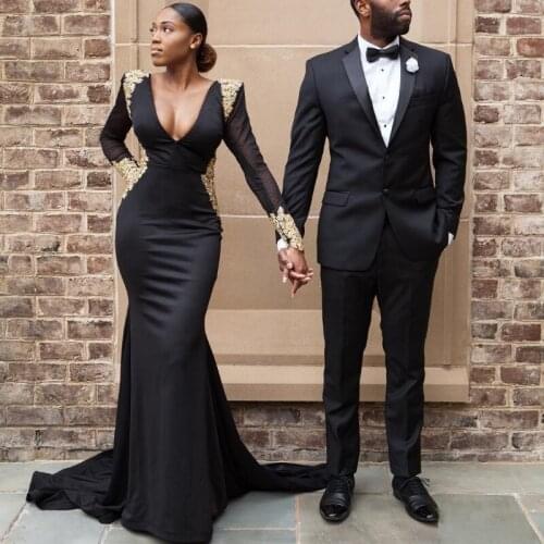 South Arabic Black Prom Dresses With Plugging Neckline Sheer Long Sleeves Gold Appliques Mermaid Formal Evening Gowns Plus Size