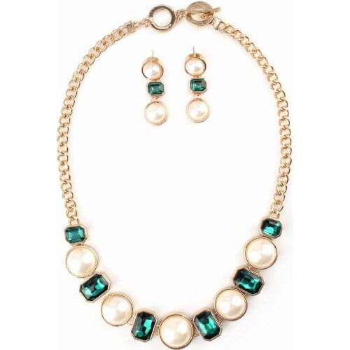 Statement Glass Green Crystal Simulated Pearl Pendant Necklace with Earrings Set Gold Color Chain Jewelry Necklace for Women