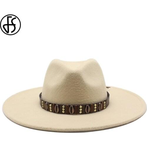 FS Autumn Winter Big Wool Fedoras Hats Men Women Panama Jazz Hat With Belt Wide Brim Big White Trilby Bowler Felt Chapeau Sombre