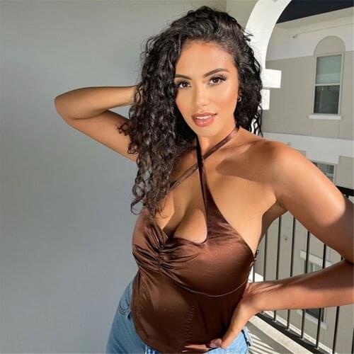 Women Fashion Summer Sexy Halter Front Ruched Crop Tops Brown Solid Color Sleeveless Zipper Closed Open Back Slim Vest Satin
