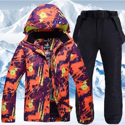 Women Men Colorful Print Hooded Ski Suit Snowboard Jacket Windproof Waterproof Winter Clothing Skiing Jacket Pant Suit