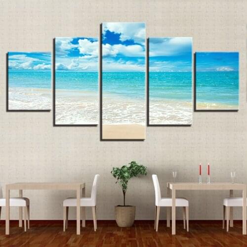 Wall Art Posters 5 Pieces Canvas HD Prints Pictures Blue Sky Sea Waves Beach Seascape Paintings Home Decor Living Room