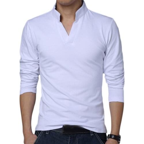 Solid Color 2019 Fashion Mens Stand Collar Slim Long Sleeve Stylish Luxury Men V Neck Cotton T Shirt