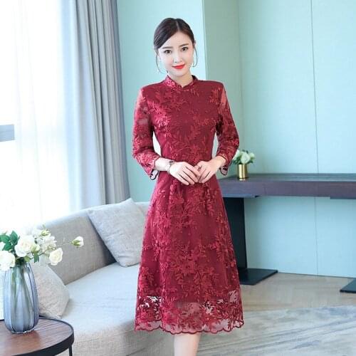 2019 Autumn Clothing New Product Temperament Grace Fashion Joker Seven Part Sleeve Self-cultivation Gauze Embroidered Dress