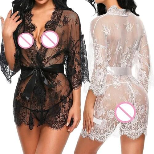 Sexy Ladies Lace Robe Lingerie Sleepwear Women Babydoll Underwear Night Dress Deep V G-String See Through Sheer Sleep Bandage