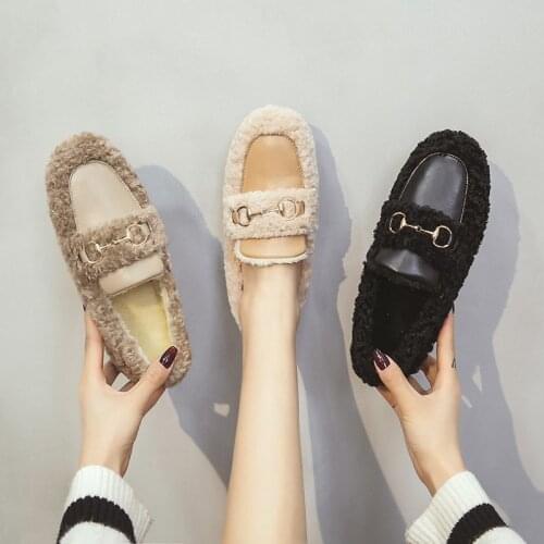 Fluffy Shoes Female 2020 New Thick Sole Winter Style with Fleece Shoes Peas Womens Flat Outdoors Insulated Cotton-Padded Shoes