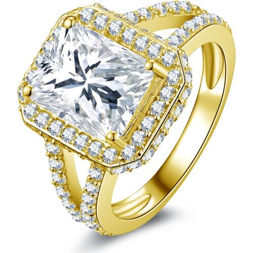 QYI 14K Solid Yellow Gold Vintage Style Split Band Rings Rectangle Cut Sona Simulated Diamond Rings For Women