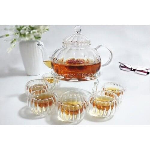Glass Teapot 600ml + 4pcs 80ml Glass Tea Cup+1pcs heat base High Temperature Resistance Glassware Coffee Tea Cup OL 0011