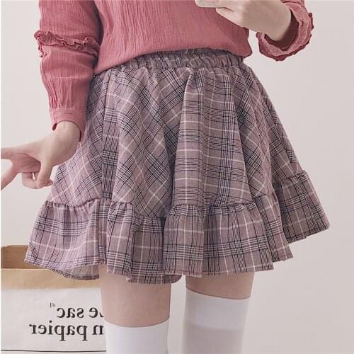 Spring Sweet Plaid Ruffles Mini Skirt Gray Pink Japanese Loose Fashion A-line Girls Skirt Woman Lolita Jk College Style Skirt