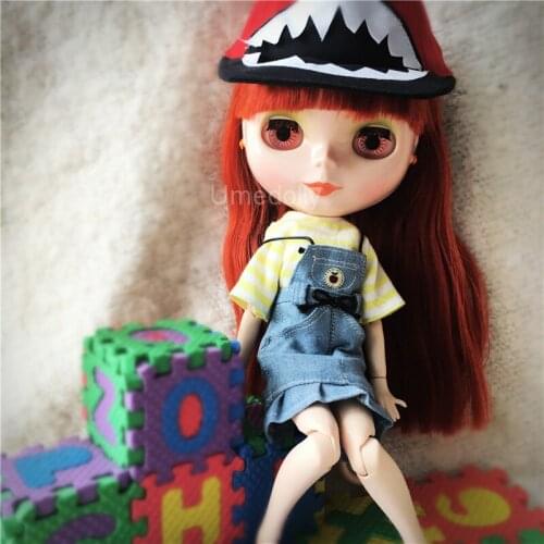 1 Set Cute Suspender Skirt +Stripe +Cap for 1/6 BJD, 1/8 BJD, Blyth, Azone, Imada 3.0 Doll Clothes Outfits Accessories