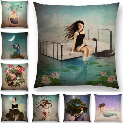 Hot Sale Elegant Lady Lovely Girl Shakespeare Fantasy Painting Moon Night Swan Dream Trees Cushion Cover Sofa Throw Pillow Case