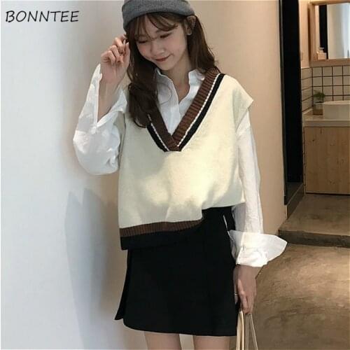 Sweater Vest Women V-Neck Autumn Loose Preppy Style Lady Clothes Knitting Chic Sleeveless Newest All-match Harajuku Teens Simple