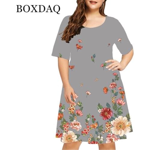 2021 Vintage Women Flower Print Bohemia Dress Casual Short Sleeve O-Neck Loose Dress Summer Fashion Ladies Dresses Plus Size 4XL