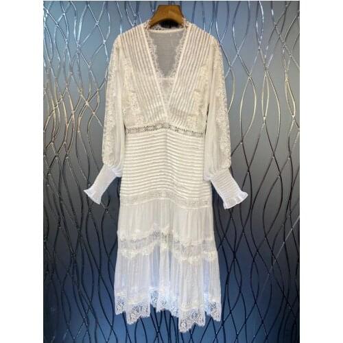 Top Quality Designer Dress 2021 Autumn Party Vestido Women V-Neck Lace Patchwork Long Sleeve Pleated Dress White Black Club Wear