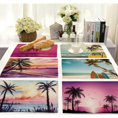 1Pcs Coconut tree Sunset Pattern Kitchen Placemat Dining Table Mat Coaster Cotton Linen Pad Cup Mat 42*32cm Home Decor MP0092