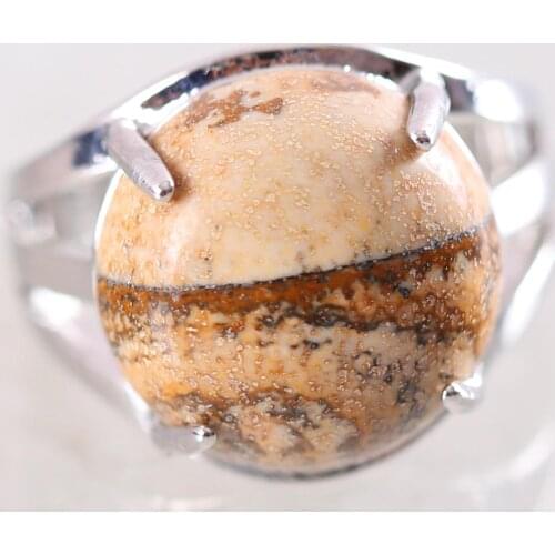 1Pcs Women Ring Natural Stone Picture Jaspers Round Cabochon CAB Beads Adjustable Finger Ring Jewelry Gift K213
