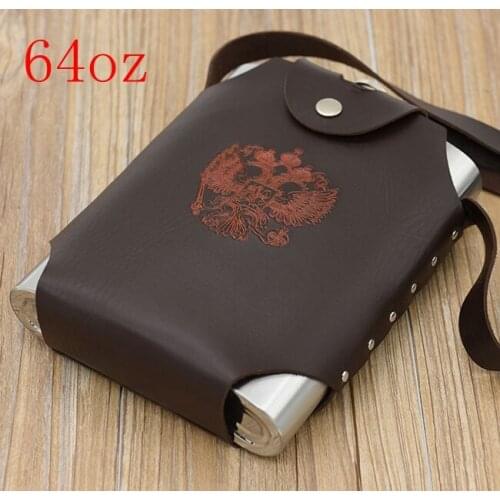 40pcs/lot 48oz Leather Covered Hip Flask With Leather Holster Russian National Emblem Printed Stainsteel Hip Flasks For Alcohol