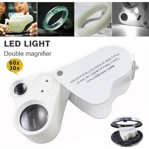 60X 30X LED Magnifier Magnifying Foldable Glass Lens 2 LED Light Jewelry Watches Handheld Loupe Magnifying Repair Tool