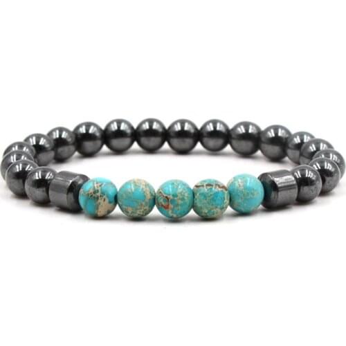 8mm th43 adjusted Charm nature light blue Emperor stone hematite bead Bracelet women Healing Prayer Reiki Chakra Buddha Yoga