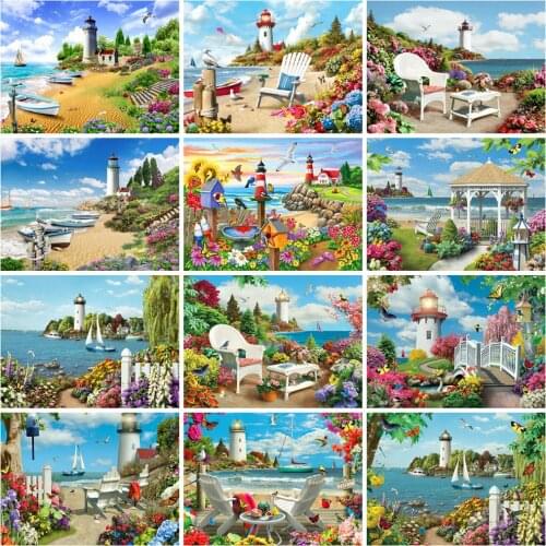 EverShine Diamond Mosaic Lighthouse Cross Stitch Diamond Painting Seaside 5D Full Square Bead Embroidery Art Home Decoration