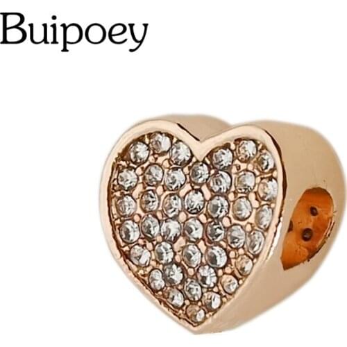 Buipoey Shiny Rhinestone Heart-shaped Beads For Bracelets & Necklace Fine Golden Charm Jewelry Accessories High Quality Beaded