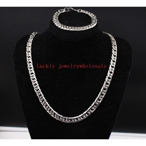 24''+8.66'' One set Stainless Steel Jewlery Set 12mm Heavy Strong Curb Link Chain Necklace & Bracelet Set for Mens