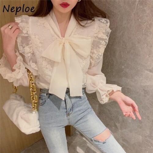 Neploe Elegant Lace Hook Flower Solid Blouse Women Bow Design Work Style Ol Solid Blusas Spring 2021 New All Match Shirt Femme