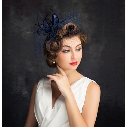 Elegant Blue Birdcage Veil Formal Bridal Fascinator Veil Feather Ribbon Bridal Veil Velo De Rejilla Hot Sale 2020 New