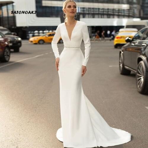 Elegant Classic Mermaid Weddding Dress 2021 V Neck Backless Full Sleeve Floor Length Beading Sash Simple Bridal Gowns Vestidos
