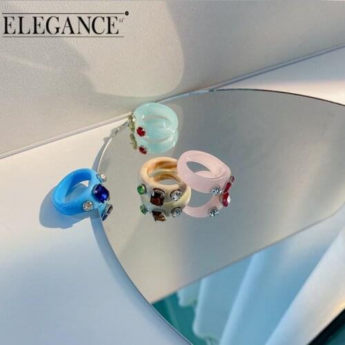 Elegance Fashion Acrylic Colorful Rhinestone Resin Rings for Women Big Transparent Korean Finger Ring Vintage Female Jewelry