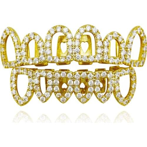 Gold Finish Grills Set Top&Bottom Tooth Grillz Hip Hop Grills New High Quality Hollow Mouth Accessory CZ Micro Paved Bijouterie