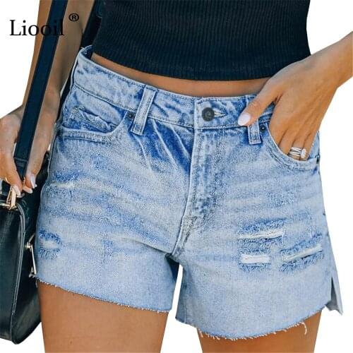 Liooil Sexy Hole Stretch Side Slit Jeans Shorts Women Streetwear Mid Waist With Pockets Blue Cotton Skinny Ripped Denim Shorts