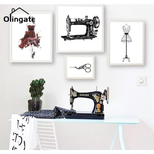 Fashion Model Mannequin Canvas Painting Vintage Fashion Sewing Machine Canvas Poster One Piece Wall Art Home Living Room Decor
