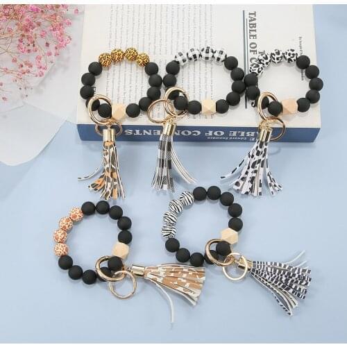 Fashion Leopard Keyrings 2021 Frosted Beads Tassel Keychains Trendy Beaded Bracelet Keyring wholesale Exaggerate Round Keychain