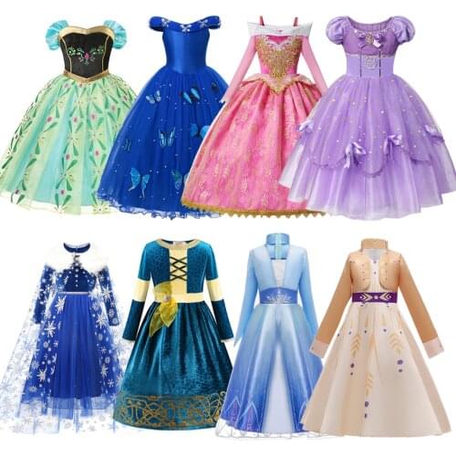 Girls Fancy Outfits Disney Frozen Elsa Anna Cinderella Aurora Princess Dresses Kids Halloween Cosplay Vampire Mulan Costumes