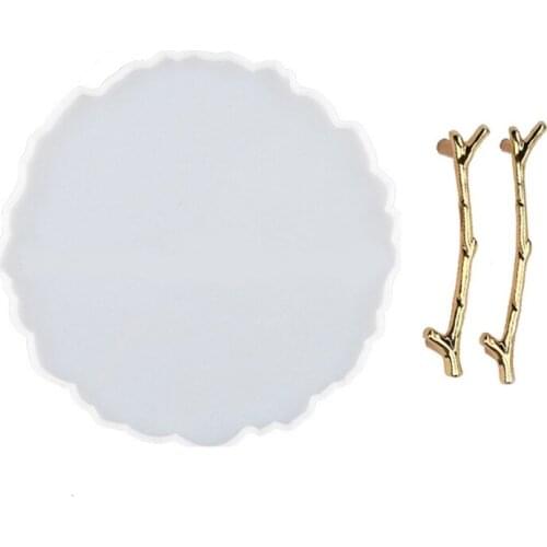 Irregular Round Silicone Resin Tray Mold with 2 Pcs Gold Handles Agate Tray Mold LX9E