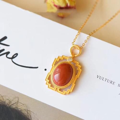 Original Design S925 Sterling Silver Southern Red Agate Personality Hollow out High-Grade Ancient Royal Court Womens Necklace