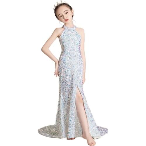 Sequined Girl Dresses Partywear Sleeveless Side Slit Teen Communion Dresses Elegant Flower Girl Dresses For Weddings Birthday