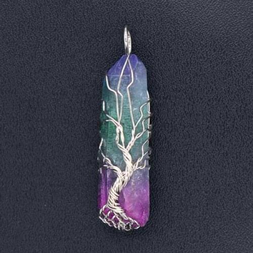 KFT Natural Titanium Coated Crystal Quartz Stone Pendant Silver Color Wire Wrapped Tree Of Life Irregular Shape Stone Jewelry