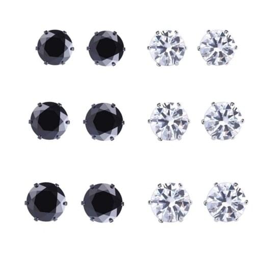 6pairs/lot Black White Cubic Stud Earrings For Women Set 3 Size Classic Earring Fashion Jewelry Wholesale Fine Gifts