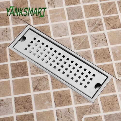 YANKSMART Chrome Polished Rectangle 100mm*300mm Art Carved Cover Waste Floor Drains Bathroom Accessaries 304 Stainless Steel