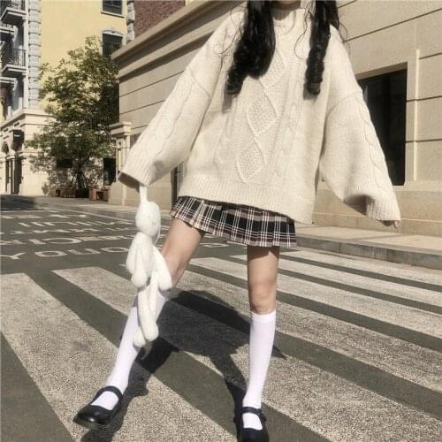 Japanese Autumn Winter Preppy Style Pullover Kawaii O-Neck Vintage Twist Full Sleeve Loose Student Knitting Sweater Female