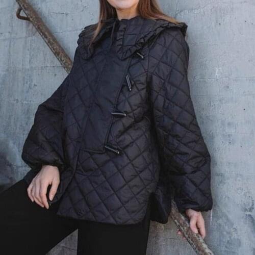 Women Parkas 2021 Nordic Women Black Loose Double-breasted Ruffle Check Lapel Jacket